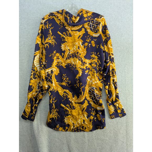 Crisca Tunic Blouse Women 34 Baroque Print 100% Silk Long Sleeve Flowy Navy Gold - Picture 2 of 16